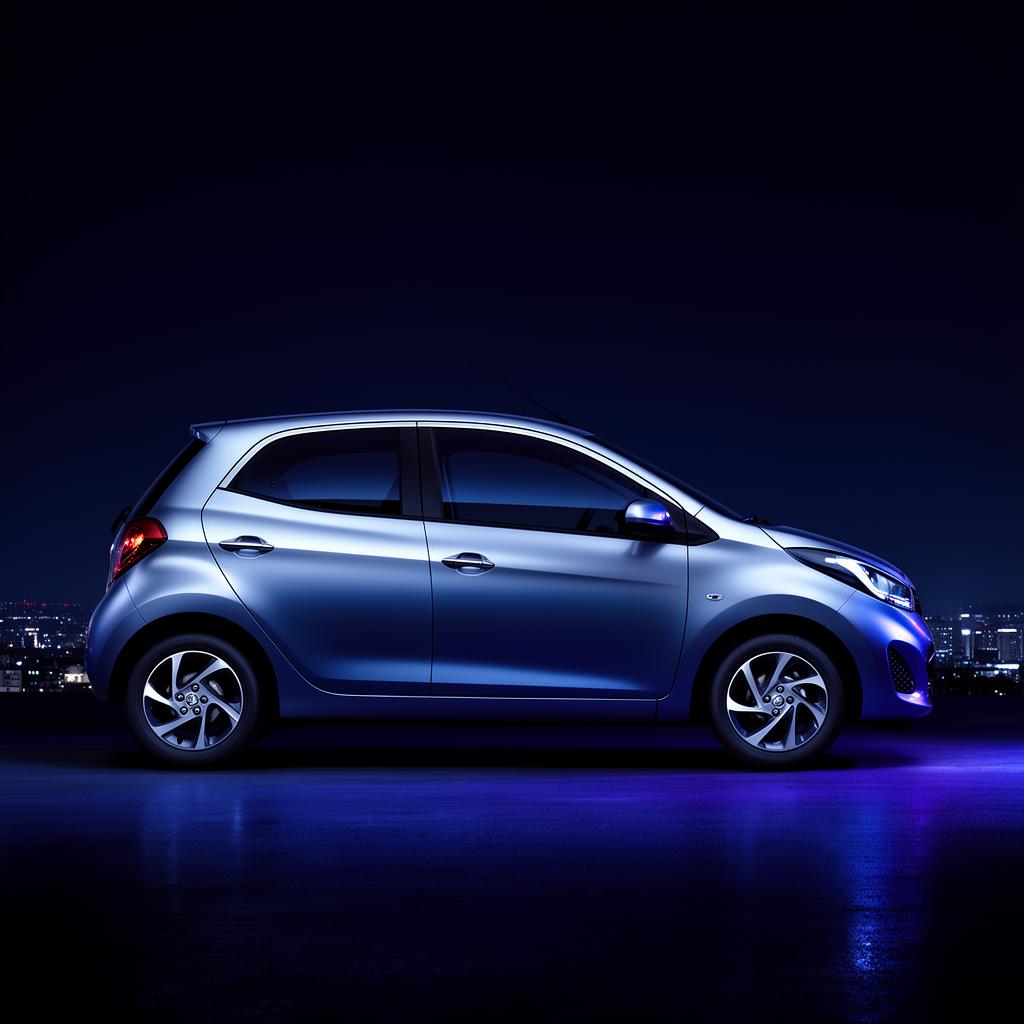 Compact economy car under indigo city lights